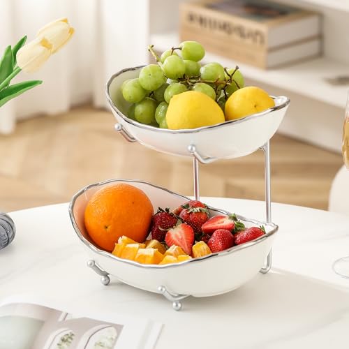 2 Tier Ceramic Fruit Bowl for Kitchen Counter, Tiered Fruit Basket for Countertop, Modern Multi Layer Fruit Display Stand for Party, Cute (Silver-rimmed, Small) - color: Silver-rimmed, size: Small