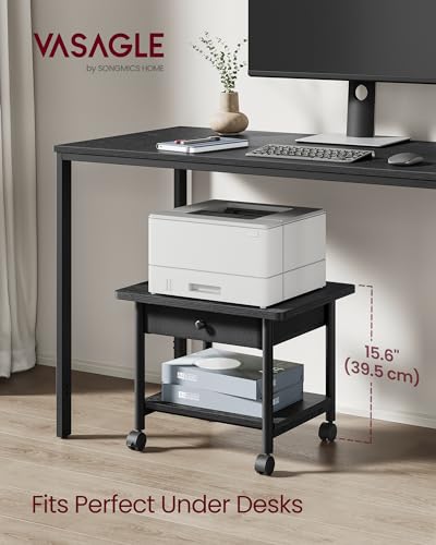 VASAGLE Printer Stand with Locking Wheels, Industrial Mobile Cart, Under Desk Printer Table for Home Office, 19.1 x 15.9 x 15.6 Inches, Storage Shelf, Drawer, 2-Tier, Ebony Black - color: Ebony Black, size: 2 Tiers with Drawer