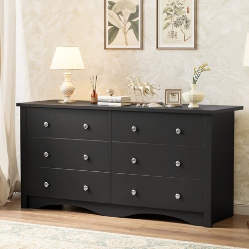 YESHOMY 58'' Dresser for Bedroom, 6 Drawer Dressers, Wood Storage Organizers Units, Hallway,Office(Black) - color: Black
