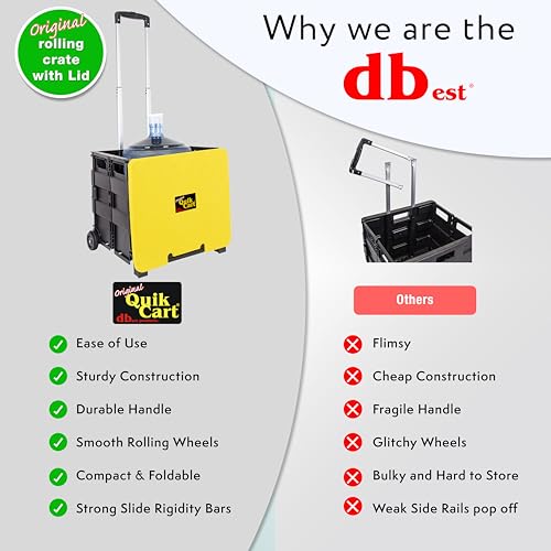 dbest products Quik Cart Collapsible Rolling Crate on Wheels for Teachers Tote Basket 80 lbs Capacity, Made from Heavy Duty Plastic and Used as a Seat, Canary, Yellow - color: Yellow, style: Standard