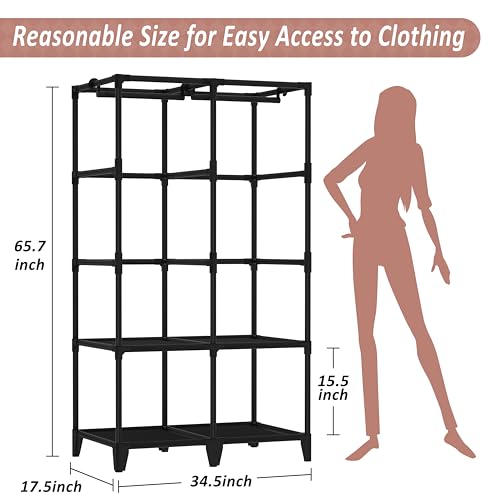 Wardrobe Closet, Quick and Easy Assembly, Black Portable Closet with 2 Hanging Rods 4 Storage Shelves and 8 Side Pockets, Sturdy and Stable Clothes Rack with Cover, for Bedroom and Dormitory - color: Black, size: 34 Inch