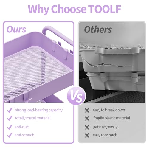 TOOLF 4-Tier Rolling Cart - Metal Storage Organizer with Lockable Wheels, 44 lbs Per Shelf Capacity, Tool-Free Assembly, for Kitchen Bathroom Office Laundry Room Nursery, Purple - color: Purple, size: 4-Tier