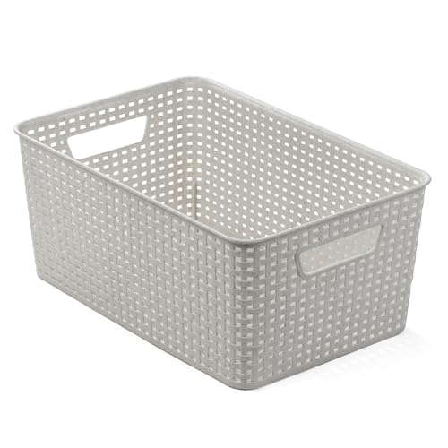 BINO | Plastic Storage Baskets, 13.5 Liter - 3 Pack, Natural Grey | THE WOVEN COLLECTION | Storage Basket for Shelves | Woven Storage Baskets for Organizing Bins Pantry Shelf Organizer | Container Bin - color: Natural Grey, size: 13.5L | 3-Pack