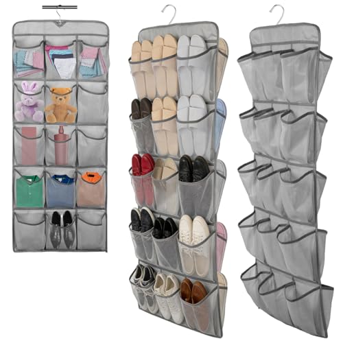 2Pcs 30 Large Pockets Dual Sided Hanging Shoe Organizer for Closet Shoe Storage Shelves with 360 Rotating Hanger Space Saving Storage Bag Hanging Shoe Rack for Bedroom Laundry Room,Gray - color: Grey 2PCS