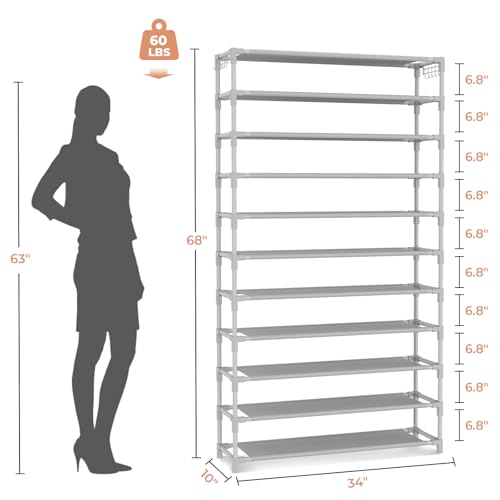 VILICK 11 Tiers Tall Wide Shoe Rack 55 Pairs Large Capacity Sturdy Durable Shoe Rack for Closet Metal Shoe Organizer Shelf with Two Hooks Space Saving for Entryway Grey - color: Grey