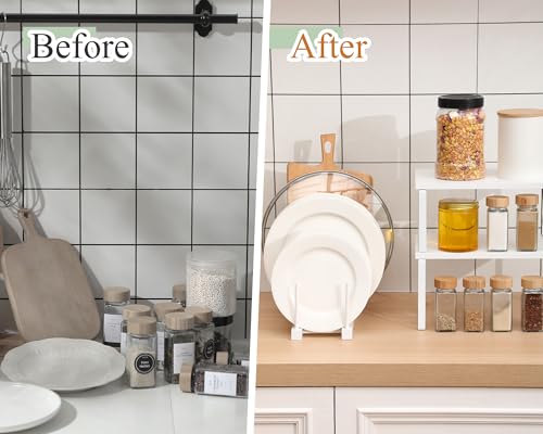 Marsui 4 Pcs Kitchen Organizer Accessories Set Cabinet Organizer Shelf and Bamboo Dish Drying Plate Rack Counter Shelves Storage Holder for Spice Rack, Dish, Pot Lid, Bowl, Cup (White) - color: White