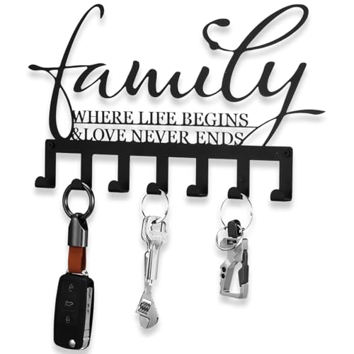 Hicarer Family Key Holder Metal Hooks Decorative Hanger Black Rack Wall Mount Organizer with Screws and Anchors for Keys Hat Kitchen Entryway Front Door Home Decor - color: Black, style: Classic Style