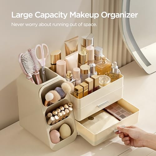 HBlife Makeup Organizer with Brush Holder for Vanity, Large Plastic Bathroom Countertop Organizer Skin Care Storage, Easy to Store Lipsticks, Nail Polishes, Perfumes, Eyeshadow Palettes, All Beige - color: All Beige, size: Large