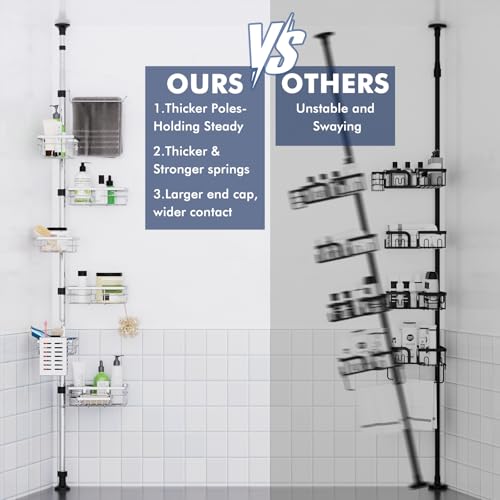 Vatex Shower Caddy Corner Tension Pole, Stainless Steel Rustproof 6 Shelves Bathroom Organizer with Towel Bar & Toothbrush Holder, Adjustable Shower Shelf for Renters - Family Stand Storage Rack - color: Silver