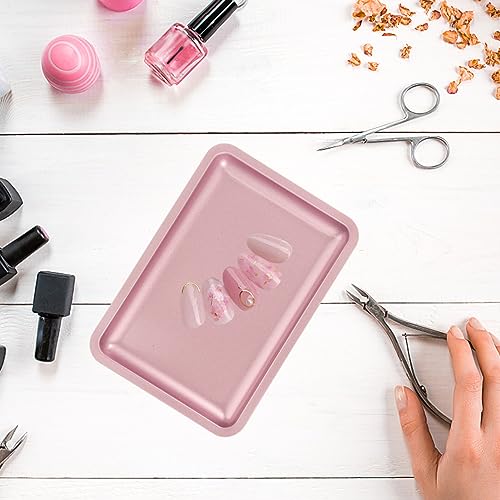 Beavorty Stainless Steel Jewelry Tray Pink Ring Holder Multi-Functional Nail Tool Organizer Trinket Storage Plate with Stable Feet 7X5 Inches - color: Pink