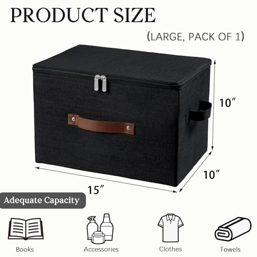 Storage Bins with Zipper Lid Foldable Fabric Lidded Storage Boxes Baskets Cubes Washable Collapsible PU Leather Handle Cotton Linen Fabric Shelf Closet Organizer Container(Black, Large Size) - color: Black, size: Large ( Set of 1 )
