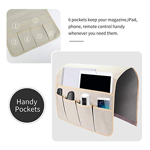 Sofa Armrest Organizer, Remote Control Holder for Recliner Couch, Arm Chair Caddy with 6 Pockets for Magazine, Tablet, Phone, iPad (Beige, W19'' x L33'') - color: Pale Khaki, size: W19'' x L33''