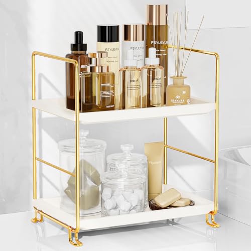 FSyueyun 2-Tier Bathroom Counter Organizer, Tool-Less Vanity Organizer for Skincare, Premium Plastic Bathroom Organizer Tray for Perfume & Cosmetics, （White & Gold） - color: Gold