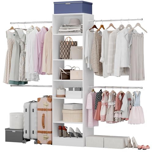 Closet System, Closet Organizer System With Adjustable Shelves, Walk-In Closet Storage System With 5 Hanging Rods, Adjustable Cloth Garment Rack, Fits Spaces 3 to 5FT, White - color: ‎6 shelve, size: 1 PC