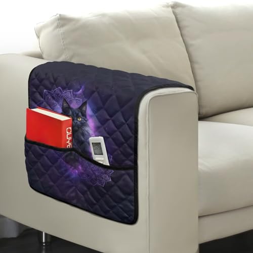Boho Mandala Cat Galaxy Print Armrest Covers for Sofa Water Resistant Armrest Protectors with 2 Pocket Storage Non-Slip Sofa Armset Organizer for Magazine, Tablet, Phone - color: Boho Mandala Cat Galaxy