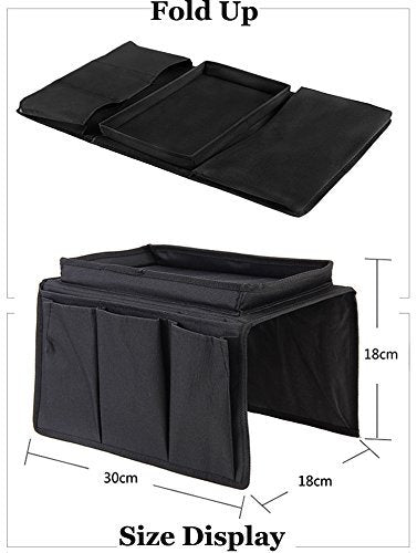 Couch Sofa Armrest Organiser with Cup Holder Tray Chair TV Remote Holder Bedside Storage Pocket Bag for Cellphone Tablet Notepad Book Magazines DVD Eyewears Drinker Snacks Holder Pouch - color: Black (with top tray)