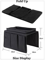 Couch Sofa Armrest Organiser with Cup Holder Tray Chair TV Remote Holder Bedside Storage Pocket Bag for Cellphone Tablet Notepad Book Magazines DVD Eyewears Drinker Snacks Holder Pouch - color: Black (with top tray)