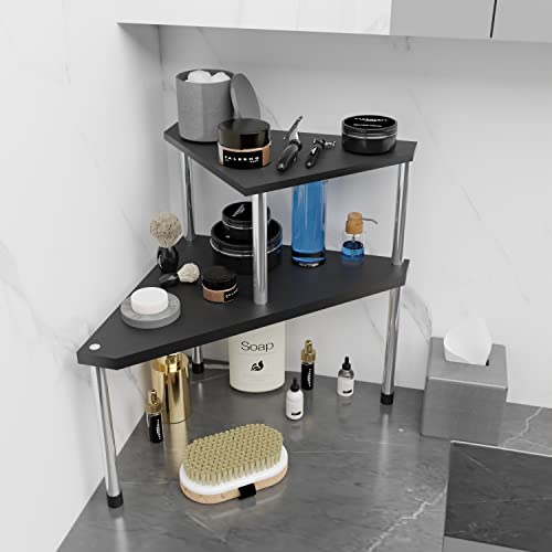 Weenson Bathroom Counter Organizer Over Sink for Toiletries, Makeup, Kitchen Countertop Organizer Spice Rack for Salt, 2-Tier Corner Counter Shelf for Coffee Area Storage Dresser Table(Black) - color: Black