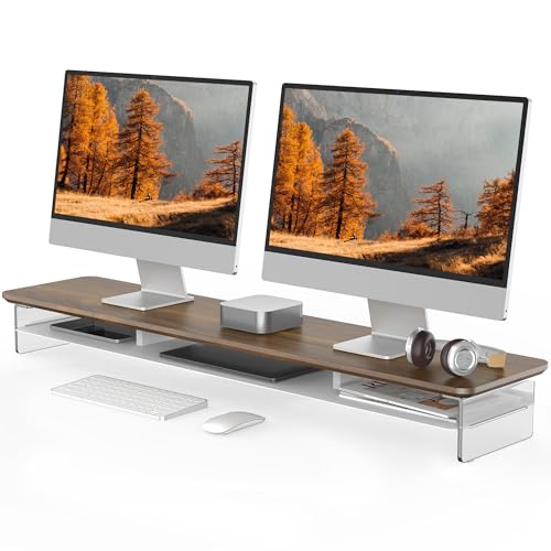 Fenge Acrylic Monitor Stand Riser, 42.5 Inches Dual Monitor Stand with Metal Storage, 2 Tier Acrylic Computer Riser for Desk, Clear Laptop Stand for PC, Laptop, Printer, TV, Brown - color: Brown, size: 42.5in