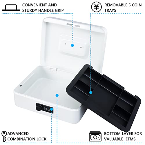KYODOLED Large Cash Box with Combination Lock,Safe Metal Box for Money, Storage Lock Box with Money Tray,9.84"x 7.87"x 3.54" White Large - color: White, size: Large