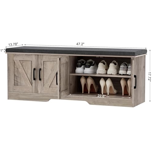 HOMSHO 2-Tier Storage Bench, 47.2" Wide Shoe Bench with Padded Seat Cushion, Entryway Bench with 4 Barn Doors and Adjustable Shelf, Greige - color: Greige, size: 47.2" Wide