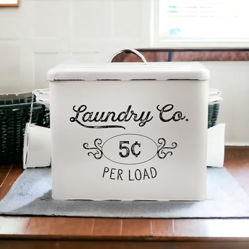 AuldHome Design Farmhouse Laundry Powder Container, White Enamelware Detergent Bin w/Scoop