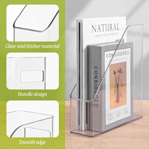 Kifmurase 2PCS Vertical File Holder, Clear Plastic Standing File Shelf and Organizer for Office Home Magazines Notebooks Folder Binders, Multi-purpose Desktop Document Storage Vertical Rack