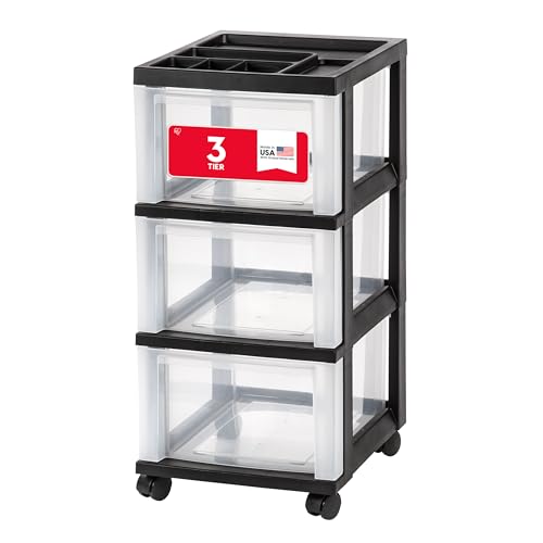 IRIS USA Plastic Drawer Storage Organizer Rolling Cart, with Wheels Casters, 3-Drawers, for Classroom Art Craft Supplies Dresser Closet Bathroom Laundry Room, Black/Clear - color: Black, size: 3 Drawer