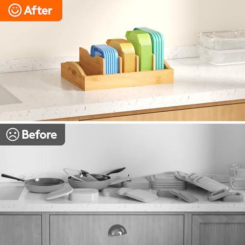 Lifewit Bamboo Lid Organizers for Inside Cabinet, Food Storage Container Lid Holder with 4 adjustable Inserts & 5 Sections, Kitchen Pantry organizer and storage, 10.6" X 8.3" - size: Medium(10.6" x 8.3")