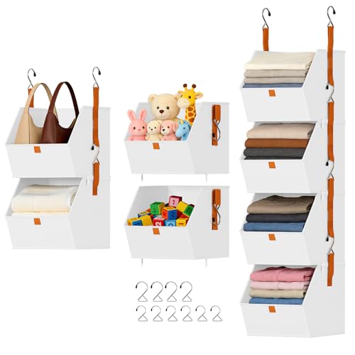 DIMJ Hanging Closet Organizer - 4 Tier Collapsible Hanging Shelves with Hooks Zipper, Fabric Clothes Organizer, Space-Saving Storage Bin Basket for RV, Bedroom, Laundry Organization - color: White, size: 4 Pack