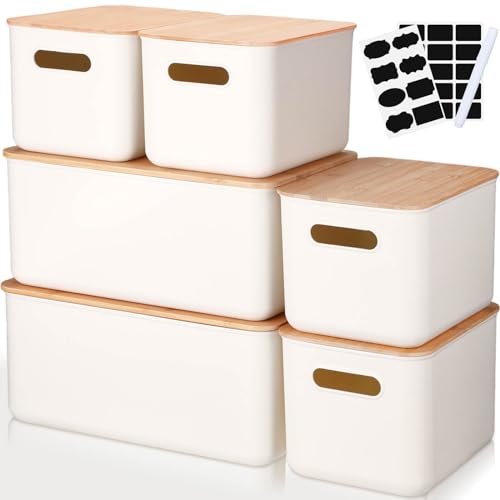 Suzile 6 Packs Plastic Storage Bins with Bamboo Lids Christmas Stackable Storage Containers for Xmas Decoration Ornaments Document Paper Organizing, with Labels and Marker(Multiple Size) - size: Multiple Size