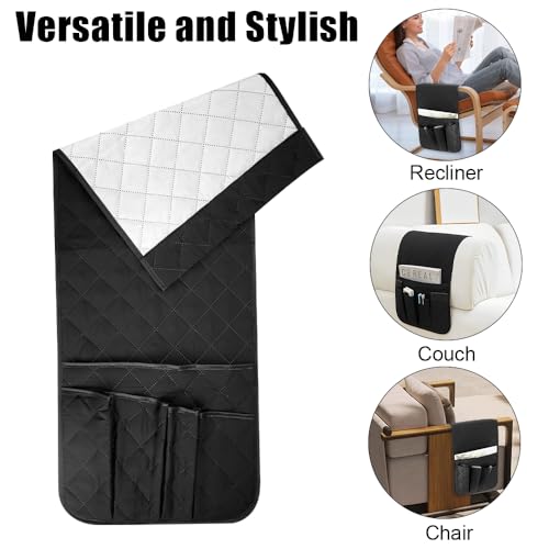 RETON Sofa Armrest Organizer with 5 Pockets, Non Slip Remote Control Caddy with 8 Pieces of Hook and Loop Fasteners, Armchair Caddy Holder Storage for Magazine Recliner Book TV Phone (Black) - color: Black