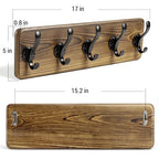 17" Coat Rack Wall Mount, Rustic Wall Mounted Coat Rack, Pine Solid Wood Coat Hook Hanger with 5 Metal Hooks- Wall Coat for Hanging Clothes Key Robes Towels Coats - color: Brown, size: 17 inch