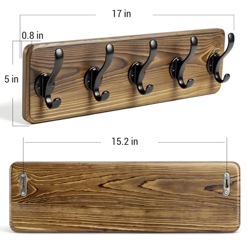 17" Coat Rack Wall Mount, Rustic Wall Mounted Coat Rack, Pine Solid Wood Coat Hook Hanger with 5 Metal Hooks- Wall Coat for Hanging Clothes Key Robes Towels Coats - color: Brown, size: 17 inch