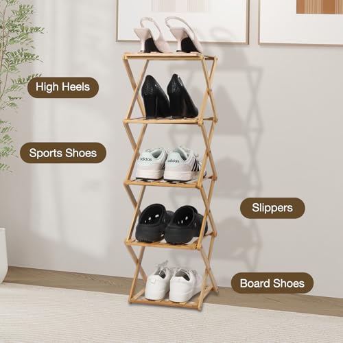 Bamboo Shoe Rack 5 Tier Foldable Shoe Rack Vertical Bamboo Shoe Organizer Free Standing Shelf for Entryway, Closet, Bedroom, Wood Color - color: Wood Color, size: 5-tier