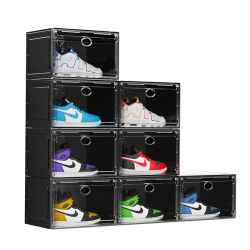 KEFA XL Shoe Storage Box Organizer, 8 Pack Shoe Boxes Clear Plastic Stackable, Sneaker Display Case Container Fit for US 13 (Side 8 PACK BLACK) - color: 8 PACK BLACK