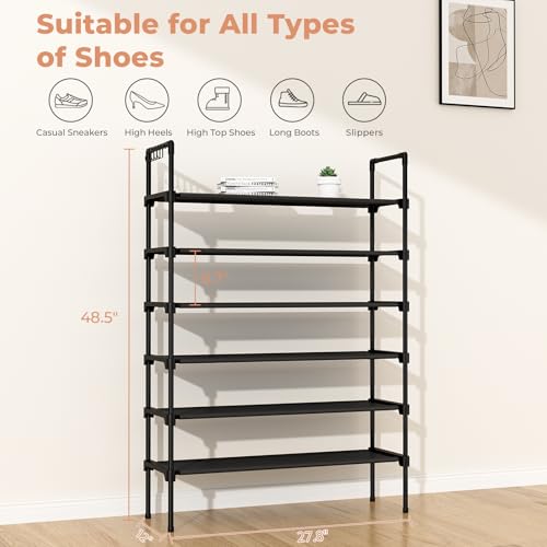 LANTEFUL 6 Tier Shoe Rack for Closet Shoe Organizer with 5 Hooks, Long Shoe Shelf Storage for Shoe and Boot Stackable Free Standing Shoe Rack for Entryway, Garage, Small Spaces, Dorm, Black - color: Black, size: 27.8"W - 6 Tier