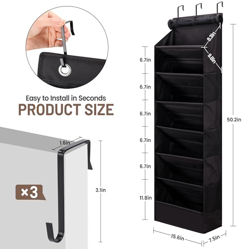 7 Tier Over The Door Shoe Organizer, Hanging Shoe Rack for Closet with Dustproof Mesh Curtain & 6 Side Pockets, Behind The Door Narrow Shoe Holder Hanger for Sneakers, Boots (Black) - color: Black