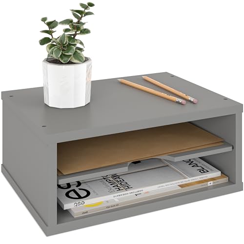 Ballucci File Organizer, 2-Tier Document Paper Sorter, Stackable Wood Desk Organizer Mail Holder, Monitor Stand with Storage Shelves, Gray - color: Gray, size: 2 Tier