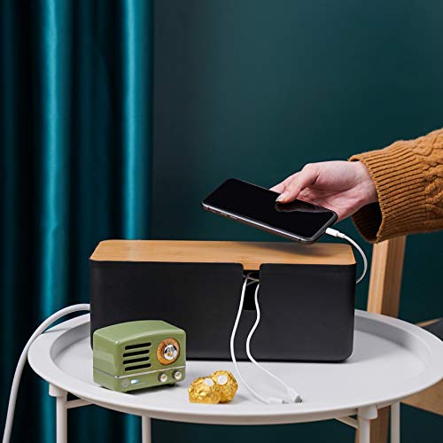 Changsuo Cable Management Box with Bamboo Lid Small Cable Organizer Box for Extension Cord Power Stripe Surge Protector Wire Management Concealer Organizer Cover Hider (Black) - color: Black