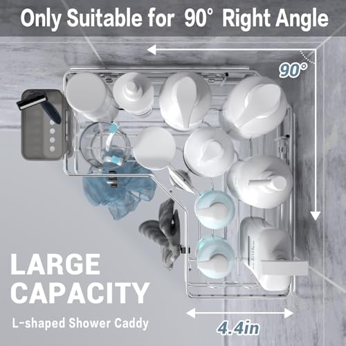 AKTECKE Corner Shower Caddy Shelf Rack: 2 Pack Adhesive Shower Organizer Essentials - No Drilling Stainless Steel Bathroom Storage Rack with Hooks and Toothpaste Holder - color: bright silver, size: 9.6"×9.6"×2.6"