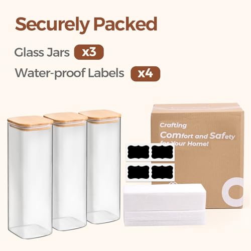 ComSaf Glass Spaghetti Pasta Storage Containers with Lids 2.2 Qt Set of 3, Tall Clear Airtight Food Storage Jar with Lid for Noodles Flour Oat Cereal Sugar Beans, Sqaure Spaghetti Pantry Containers - size: 2.2Qt*3