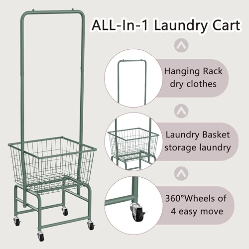 Rolling Laundry Cart with Wheels, Laundry Hamper Basket Organizer with Clothes Hanging Rack, Wire Storage Cloth Shelf Butler, Green - color: Green