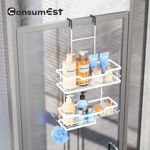 Consumest Over Door Shower Caddy - 2 Tier Shower Shelves Hanging with Soap Holders, Large Capacity Shower Organizer with 4 Hooks, Bathroom Rack and Storage, White - color: White, size: 2 Tier