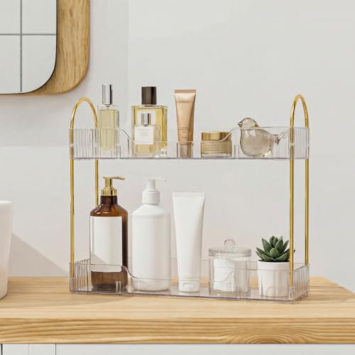 Bathroom Countertop Organizer, 2-Tier Slim Vanity Storage Rack for Bathroom Sink, Narrow Counter Organizer for Toiletries Skincare Perfume with Clear Plastic Trays - color: Clear