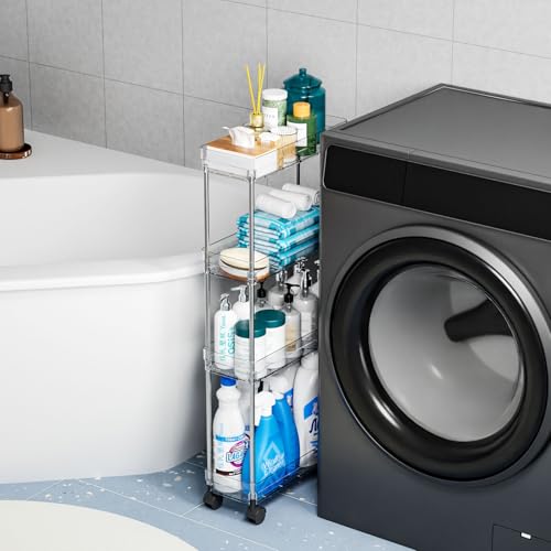 Yieach Clear 3 Tier Slim Rolling Storage Cart with Wheels,6.3″W Thin Shelf,Bathroom Storage Cabinet,Skinny Laundry Cart,Narrow Laundry Room Cart Between Washer and Dryer,Skinny Shelves for Small Space - style: 3 Tier