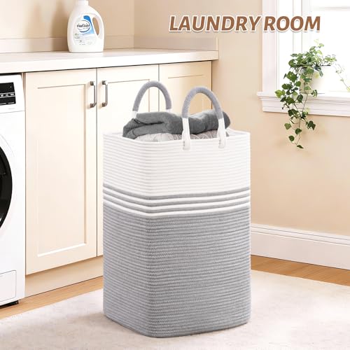 Laundry Basket Hamper,Blanket Storage,Dirty Clothes Hamper with Swivel Handles,Woven Cotton Rope Toy Baskets,Blanket Basket Living Room,Decorative Hampers for Nursery,Bedroom,White & Gray,100L - color: White & Gray, size: 100L