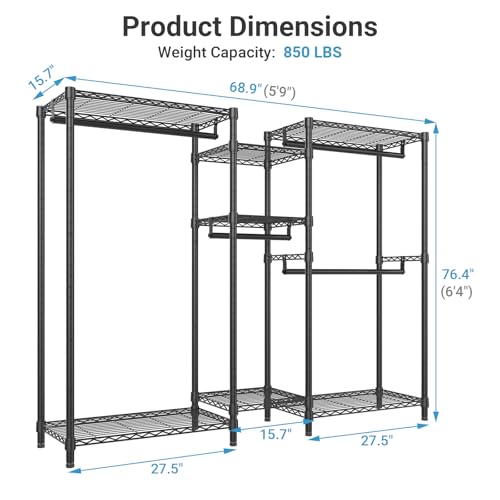 VIPEK Classic V6 Heavy Duty Clothes Rack, 7-Tier Garment Rack with Adjustable Shelves, Portable Closet Organizer with 4 Hanging Rods, Space-Saving, 850lbs Capacity, 68.9" L x 15.7" W x 76.4" H, Black - color: Black, size: Classic V6 Standard