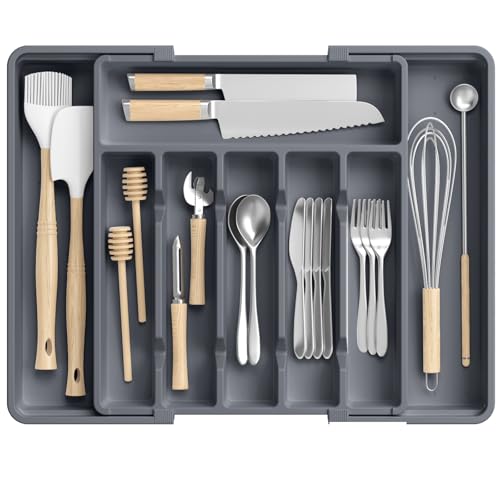 RoomHacks Large Silverware Organizer,Expandable Utensil Drawer Organizer,BPA Free Utensil Holder,Adjustable Silverware Tray Cutlery Drawer Organizer for Kitchen Flatware,Large,Grey (6-8 Slots) - color: Gray