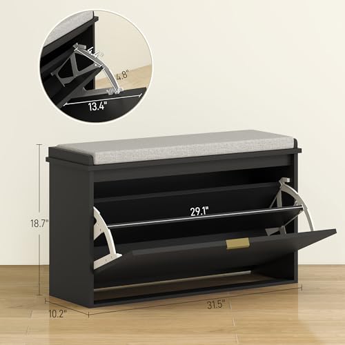 HOMCOM Narrow Shoe Bench with Padded Seat Cushion and Flip-Drawer, Small Entryway Bench Holds up to 265lb, Shoe Cabinet, 31.5x10.2x18.7 Inches, Black - color: Black, size: 31.5" x 10.2" x 18.7"